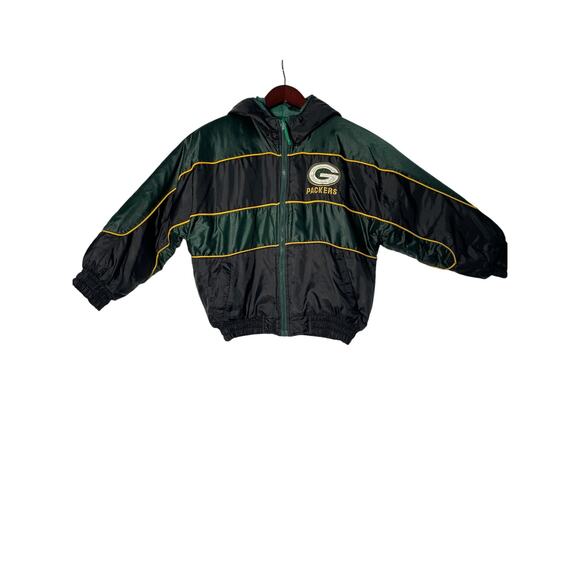 Green Bay Packers Jacket Kids M 10-12 Pro Player Blk/Green VTG 90s Hooded NFL - Picture 1 of 7